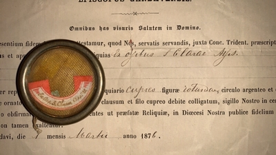 Reliquary - Relic Ex Ossibus St. Clara With Original Document en Brass / Glass / Originally Sealed, Gent - Belgium 19th century ( anno 1876 )