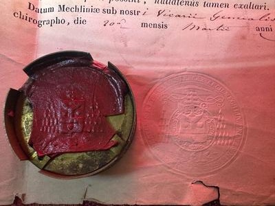 Reliquary - Relic Ex Ossibus St. Joannes Chrysostomos With Original Document en Brass / Glass / Wax Seal, Belgium  19 th century