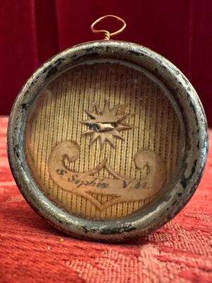 Reliquary - Relic Ex Ossibus St. Sophia en Brass / Glass / Wax Seal, Belgium  19 th century ( Anno 1855 )