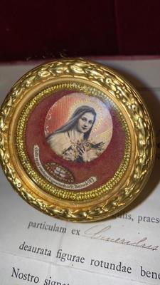 Reliquary - Relic St. Theresia Of Lisieux Ex Cineribus With Original Document en Bronze Gilt / Glass / Originally Sealed, Belgium 20th century (Anno 1927)