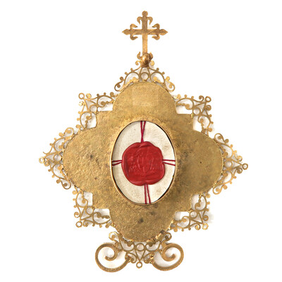 Reliquary - Relic True Cross en Brass / Glass / Wax Seal / Enamel, France 19 th century
