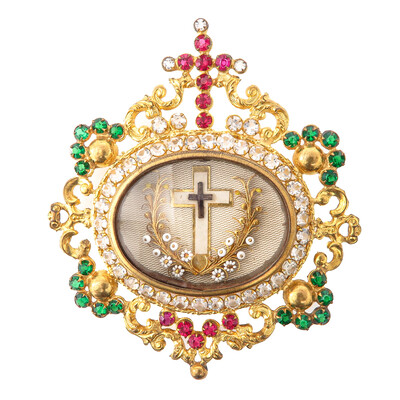 Reliquary - Relic True Cross  en Brass / Glass / Wax Seal / Stones, France 19 th century