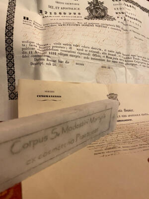 Reliquary - Relic Wax Body Corpus S. Modestini M. With Real Bones & Original Documents Italy  20 th century ( Anno 1948 )