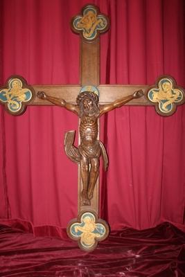 1 Romanesque Crucifix And Corpus Christi Fully Hand-Carved Oak, Applications 4 Evangelists, Romanesque-Style, 19th Cent.  (1890)