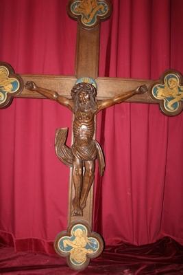 1 Romanesque Crucifix And Corpus Christi Fully Hand-Carved Oak, Applications 4 Evangelists, Romanesque-Style, 19th Cent.  (1890)