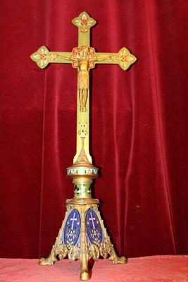 Exceptional Altar Cross Double Sided style Romanesque en Bronze / Gilt / Enemelled, France 19th century
