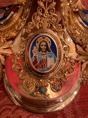 Exeptional Chalice With Original Paten. Weight Chalice 1.05 Kgs ! Reserved style Romanesque en Full silver / Gilt / Filigrain /  Enamel - Medallions / Stones , France 19th century ( anno 1865 )