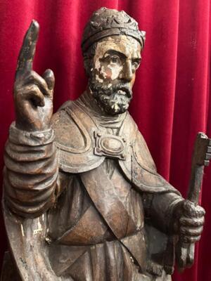 Museum - Piece Sculpture St. Peter  style Romanesque  en Hand - Carved Wood , Flemish Belgium 14th Century Anno 1380