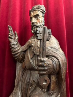 Museum - Piece Sculpture St. Peter  style Romanesque  en Hand - Carved Wood , Flemish Belgium 14th Century Anno 1380