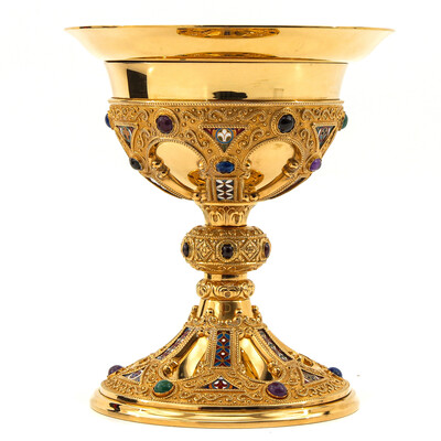 Chalice With Original Paten & Case style Romanesque - Style en Silver Cuppa Gilt / Stones , Spain 20 th century