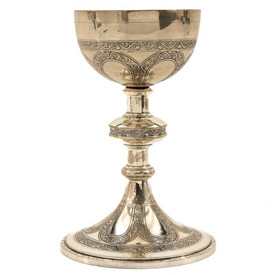 Chalice With Original Paten. Full Silver. style Romanesque - Style en Full - Silver Silver Marks and Stamps Present / Silver, 800/1000, Belgium 19th century