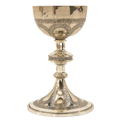 Chalice With Original Paten. Full Silver. style Romanesque - Style en Full - Silver Silver Marks and Stamps Present / Silver, 800/1000, Belgium 19th century