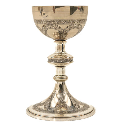 Chalice With Original Paten. Full Silver. style Romanesque - Style en Full - Silver Silver Marks and Stamps Present / Silver, 800/1000, Belgium 19th century