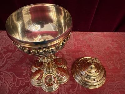 Exceptional Ciborium Silver Marks Present ! style Romanesque - Style en Full - Silver Polished Varnished / Gilt / Enamel /  Stones, France 19 th century ( Anno 1835 )