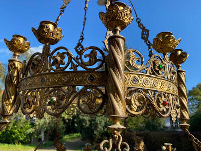 Sanctuary Lamp style Romanesque - Style en Brass / Bronze / Gilt / Stones, France 19 th century ( Anno 1865 )