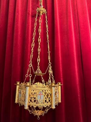 Sanctuary Lamp style Romanesque - Style en Brass / Bronze / Gilt / Enamel, France 19 th century ( Anno 1865 )