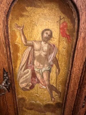 Tabernacle Front With Imagination Of The Risen Christ style Romanesque - Style en Oak wood / Hand - Forget Iron, Flemish - Belgium 19 th century ( Anno 1850 )