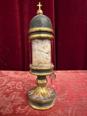 Very Rare Cylinder-Reliquary - Relic Ex Ossibus St. Sebastian style Romanesque - Style en Wood / Glass / Originally Sealed, Italy  18 th century