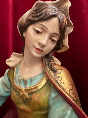 St. Cecilia Sculpture  en Hand - Carved Wood Polychrome / Gilt, Italy  20 th century