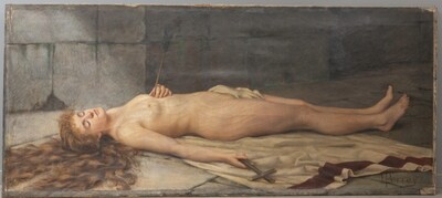 St.Ursula On Her Deathbed Painting Louis Justin Maurice Perrey (1856-1904)  en Painted on Linen, France 19 th century