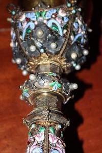 Stunning Chalice en silver / emaille / pearls / Turquoise, faceted glass stones , France 19th century