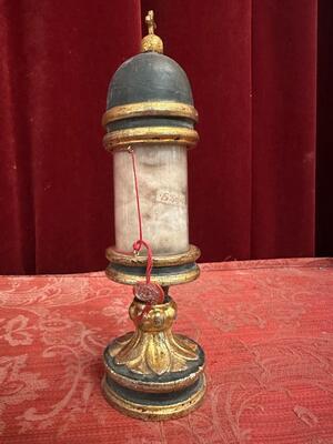 Very Rare Cylinder-Reliquary - Relic Ex Ossibus St. Sebastian en Wood / Glass / Originally Sealed, Italy  18 th century