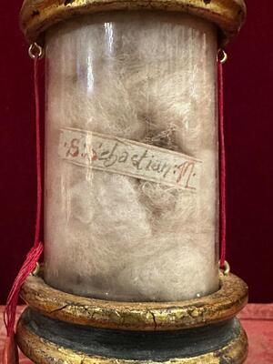 Very Rare Cylinder-Reliquary - Relic Ex Ossibus St. Sebastian en Wood / Glass / Originally Sealed, Italy  18 th century