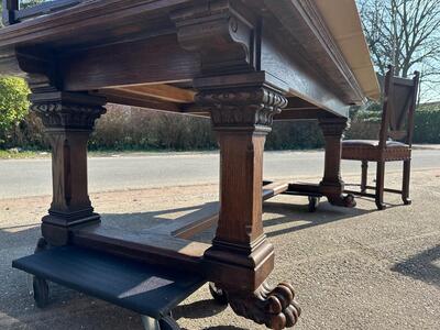 Exceptional Adjustable Table With Matching Chairs en Oak / Leather, Spain 19 th century