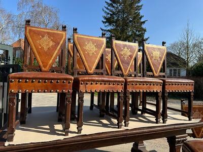 Exceptional Adjustable Table With Matching Chairs en Oak / Leather, Spain 19 th century