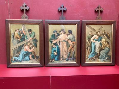 Complete Series Stations Of The Cross. Spots On Glass = Light - Shine Perfect Condition ! en Printed Lithography / Oak Frames, Belgium 20th century ( 1915 )
