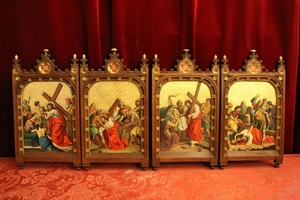 Complete Series Stations Of The Cross Hand - Painted On Zink Oak Frames Perfect Condition style Gothic - style en Oak Frames / Painted on Zinc, Belgium 19th century (1870)