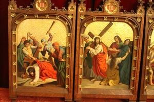Complete Series Stations Of The Cross Hand - Painted On Zink Oak Frames Perfect Condition style Gothic - style en Oak Frames / Painted on Zinc, Belgium 19th century (1870)