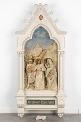 Large Series Stations Of The Cross. style Gothic - Style en Plaster polychrome, Belgium  19 th century