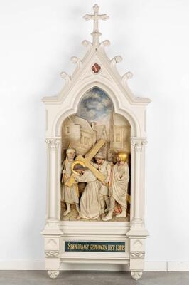 Large Series Stations Of The Cross. style Gothic - Style en Plaster polychrome, Belgium  19 th century