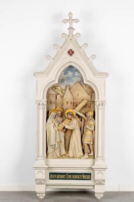 Large Series Stations Of The Cross. style Gothic - Style en Plaster polychrome, Belgium  19 th century