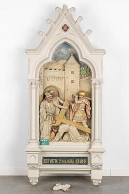 Large Series Stations Of The Cross Complete With All Crosses & Pinakels style Gothic - Style en Plaster polychrome, Belgium  19 th century ( Anno 1865 )