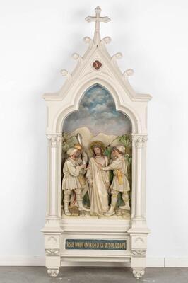 Large Series Stations Of The Cross Complete With All Crosses & Pinakels style Gothic - Style en Plaster polychrome, Belgium  19 th century ( Anno 1865 )