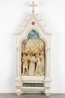 Large Series Stations Of The Cross Complete With All Crosses & Pinakels style Gothic - Style en Plaster polychrome, Belgium  19 th century ( Anno 1865 )