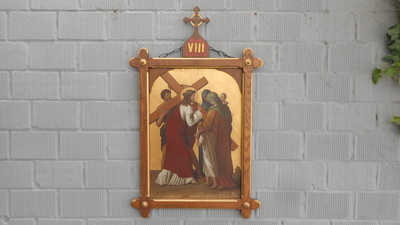 Stations Of The Cross  style Gothic - Style en Oak Frames Painted on Panel, Belgium 19 th century
