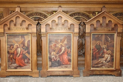 Stations Of The Cross style Romanesque en Walnut Frames / Painted on linen, France 19th century
