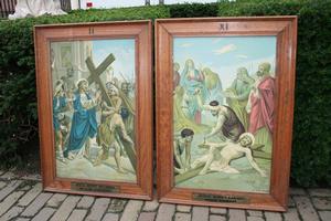 Stations Of The Cross Painted On Canvas en Oak Frames / Canvas, Dutch 19th century