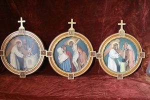 Stations Of The Cross. Signed: By M. Feurer 1930. en Hand - Painted on Zinc / Oak Frames, Belgium 20th century