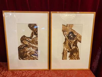 Stations Of The Cross Signed: E Slegers en Aquarelle / Wooden Frames / Glass, Belgium 20th Century