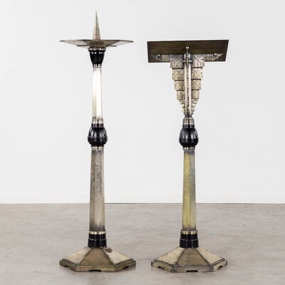 Missal Stand And Paschal Candle Holder. Processional Cross.  Signed : Vandenhoute Anderlecht.  style art - deco en Bronze / Ebony Wood, Belgium  20 th century ( Anno 1930 )