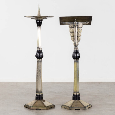 Missal Stand And Paschal Candle Holder. Processional Cross.  Signed : Vandenhoute Anderlecht. Expected ! style art - deco en Bronze / Ebony Wood, Belgium  20 th century ( Anno 1930 )