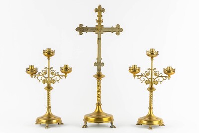 Candle Holders With Matching Cross  en Brass / Bronze, Belgium  19 th century