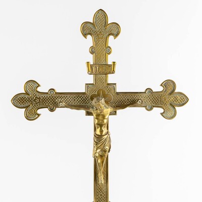 Candle Holders With Matching Cross Expected ! en Brass / Bronze, Belgium  19 th century