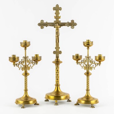 Candle Holders With Matching Cross Expected ! en Brass / Bronze, Belgium  19 th century