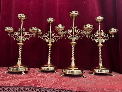 Matching Candle Holders  style Gothic - Style en Brass / Bronze / Polished and Varnished, Belgium  19 th century ( Anno 1885 )