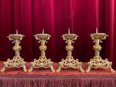 Matching Candle Sticks Measures Without Pin  style Romanesque - Style en Bronze / Gilt Polished and Varnished / Stones, France 19 th century ( Anno 1890 )